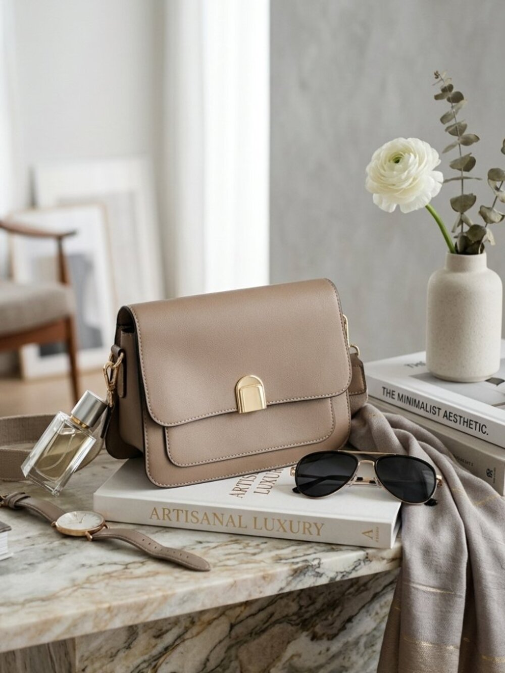 NWOT Taupe Minimalist Crossbody Bag Gold Hardware Neutral Structured Bag